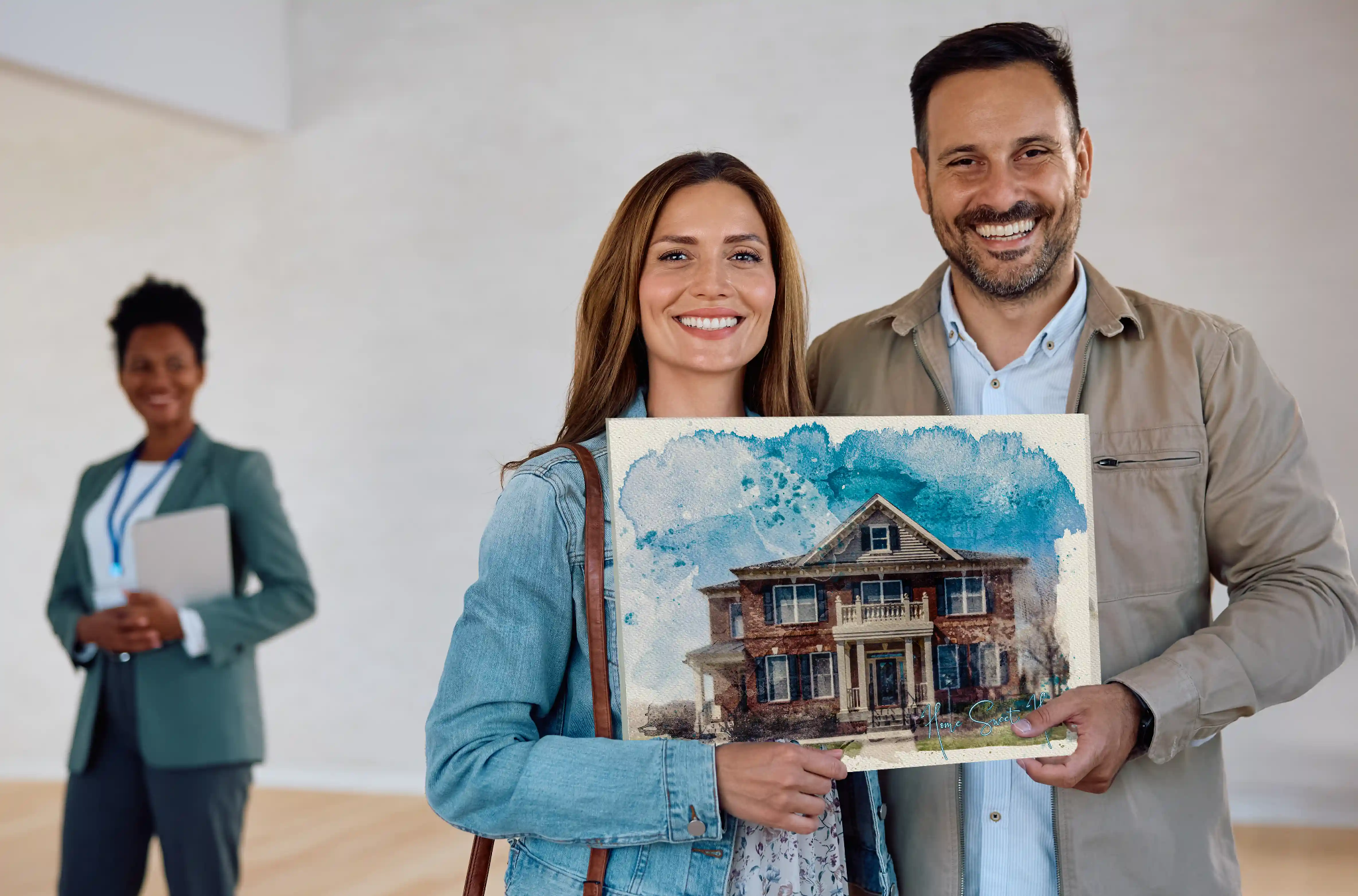 Happy couple with house painting