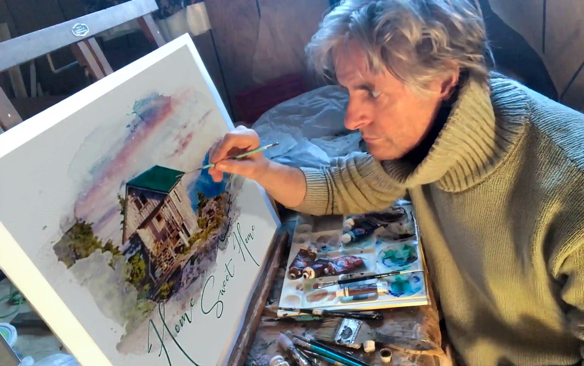 Michael painting the portrait